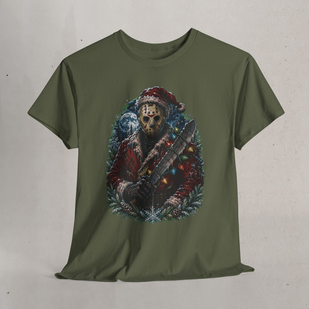 Horror Christmas Tee — Jason Holiday Killer Mask with Festive Machete