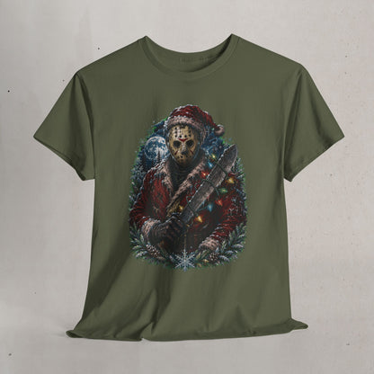 Horror Christmas Tee — Jason Holiday Killer Mask with Festive Machete