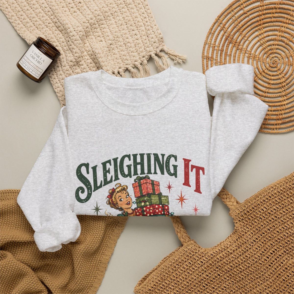 Sleighing It Christmas Crewneck Sweatshirt — Retro Holiday Gifts Design Printify