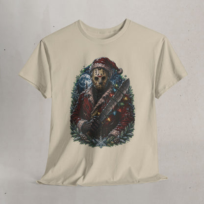 Horror Christmas Tee — Jason Holiday Killer Mask with Festive Machete