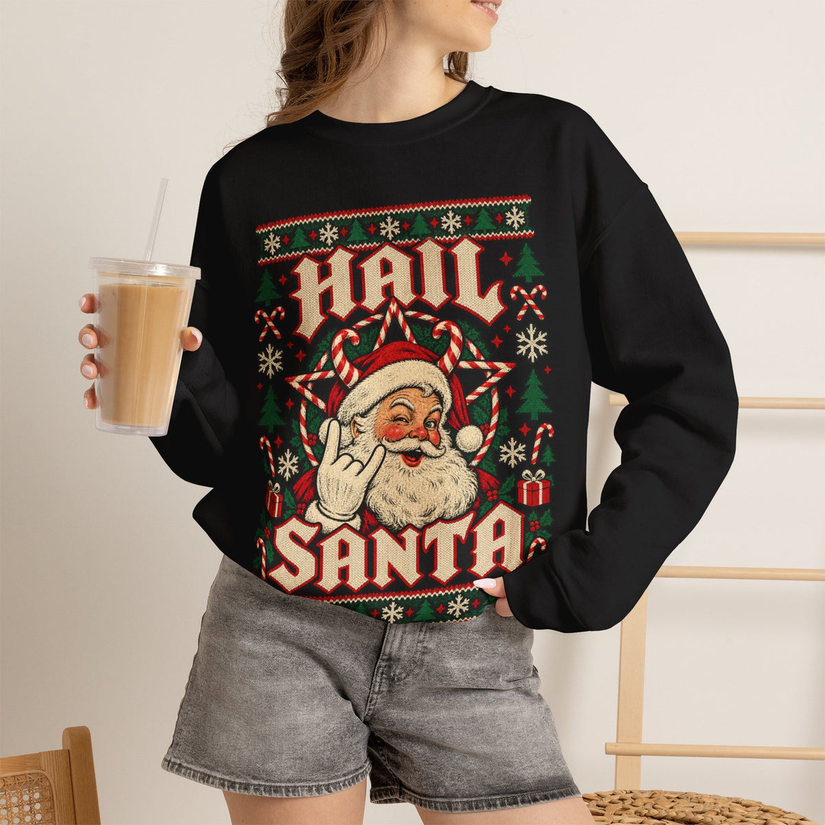 Hail Santa Ugly Christmas Sweater Sweatshirt in Red, alternate view