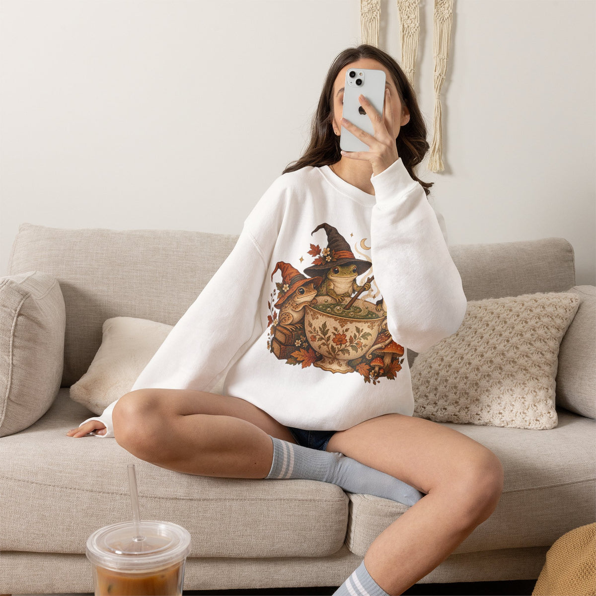 Cozy Witch Frog Tea Crewneck Sweatshirt
