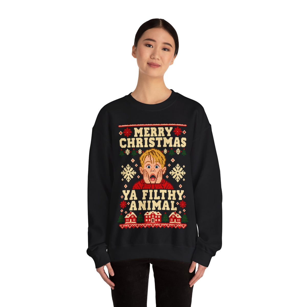 Merry Christmas Ya Filthy Animal Sweatshirt in Red, alternate view
