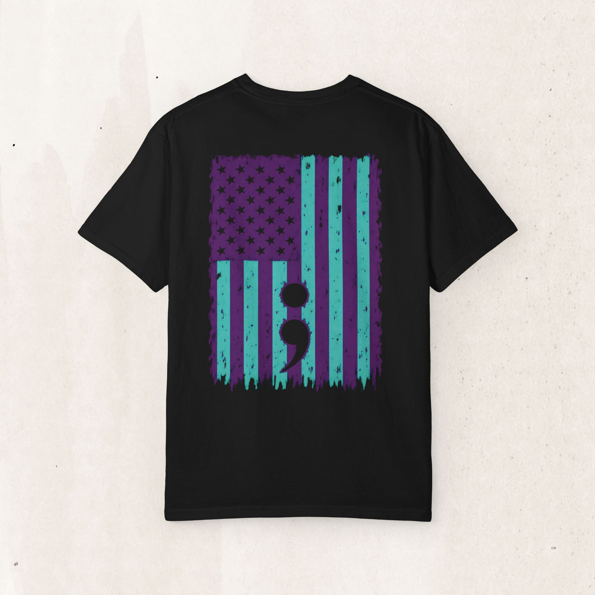 Purple and teal flag semicolon suicide awareness t-shirt in black