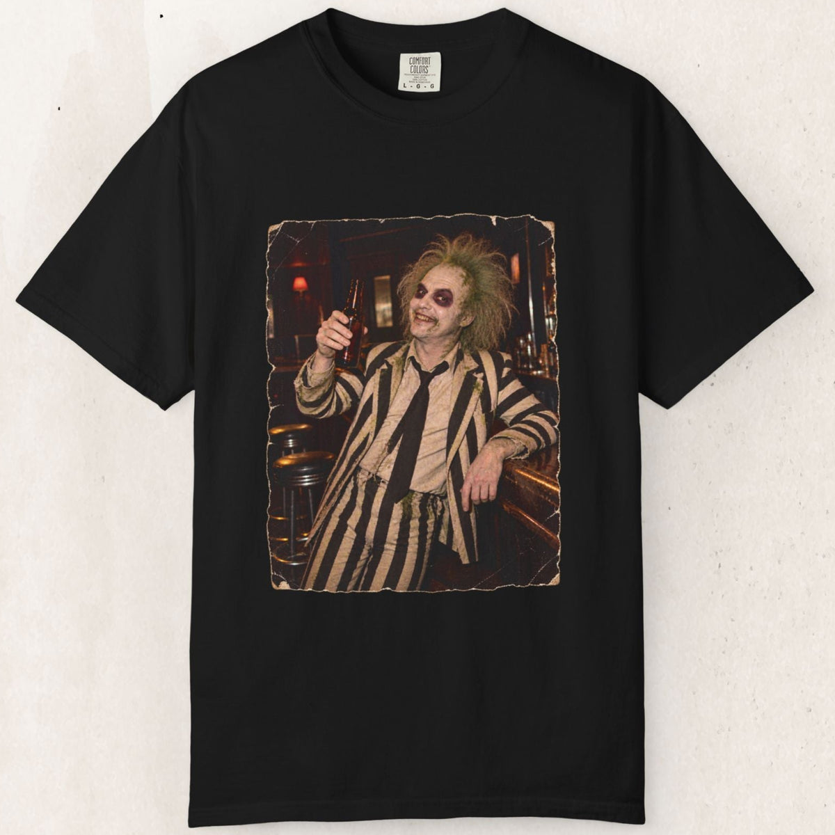 Beetlejuice-Inspired Striped Suit Portrait T-Shirt – Black