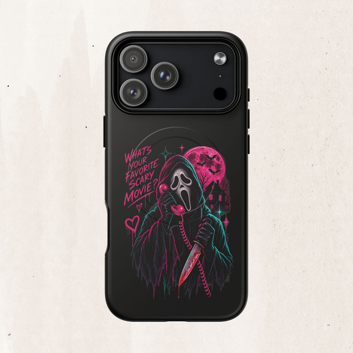 Magnetic Phone Case — Neon 'What's Your Favorite Scary Movie?' Horror Design