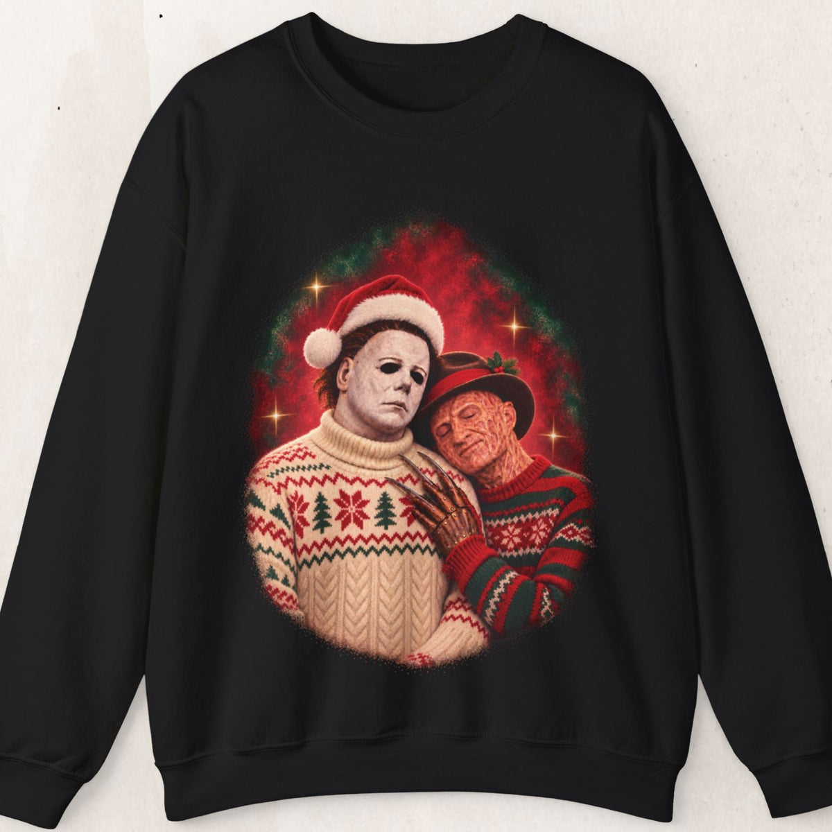 Freddy Krueger and Michael Myers 80s glamour portrait horror Christmas sweatshirt by Wicked Thread Society