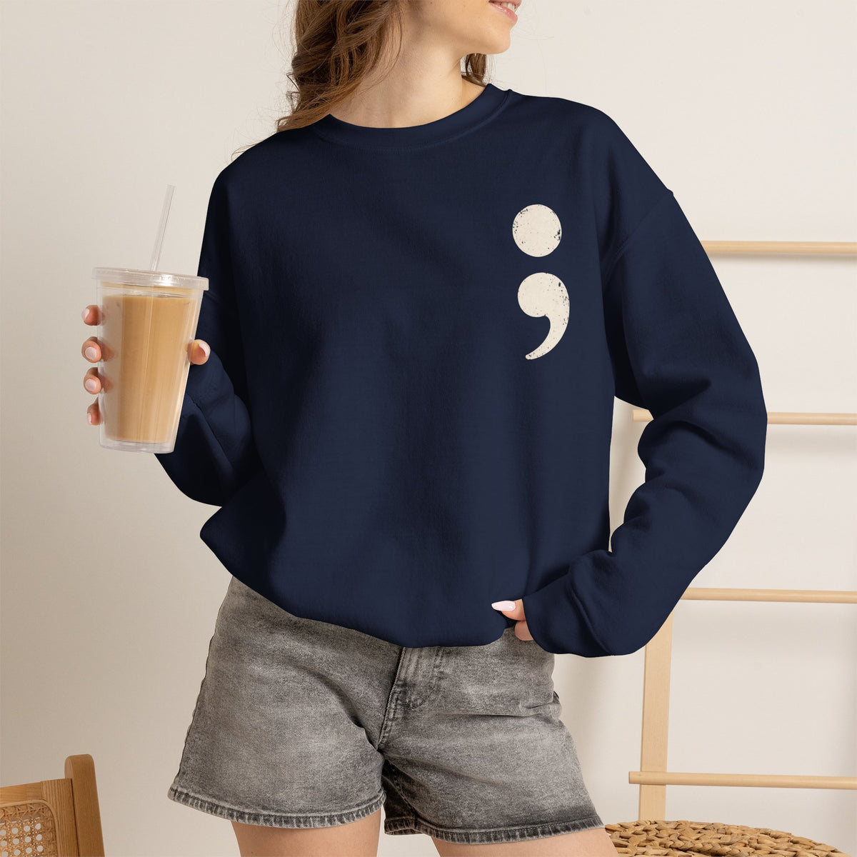 Minimalist semicolon suicide awareness crewneck sweatshirt in navy
