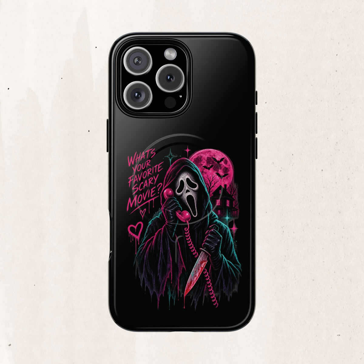 Magnetic Phone Case — Neon 'What's Your Favorite Scary Movie?' Horror Design