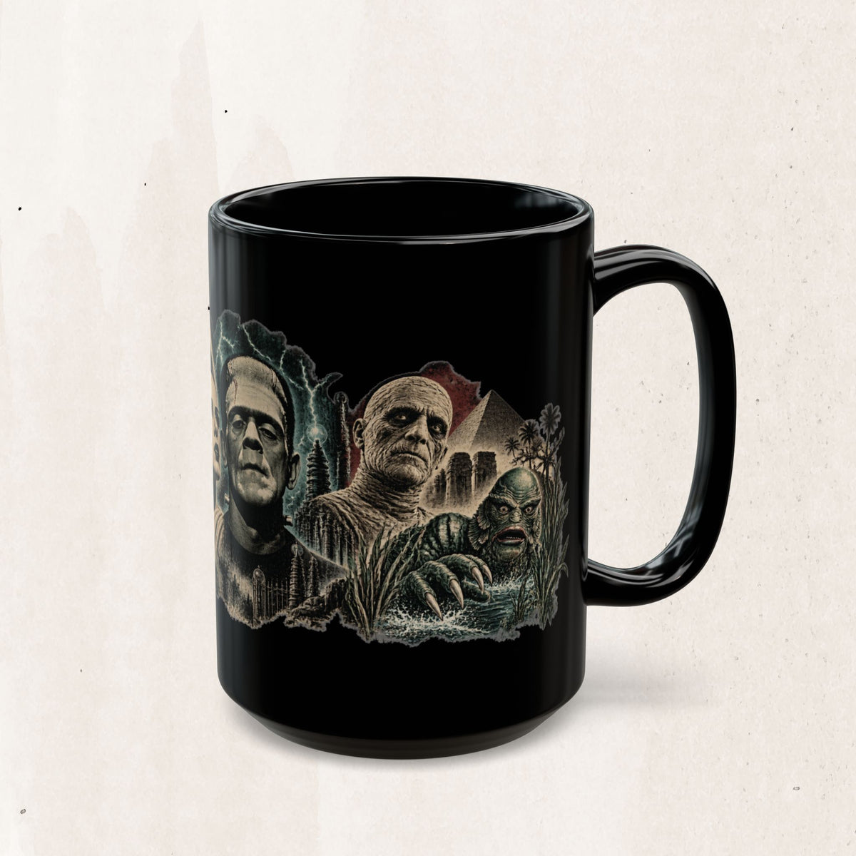 Horror Monsters Mug — Classic Universal Monsters Black Coffee Cup (11oz/15oz)
