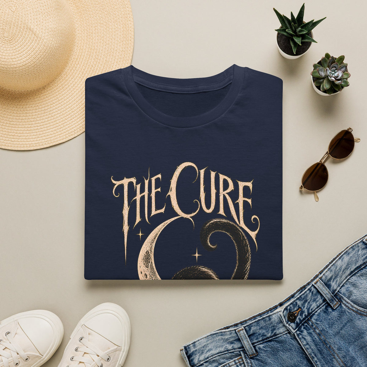 The Cure Graphic Tee – Vintage Black Cat Band Shirt – Navy