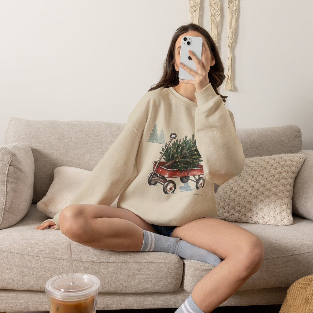 Vintage Christmas Tree Wagon Crewneck Sweatshirt Printify