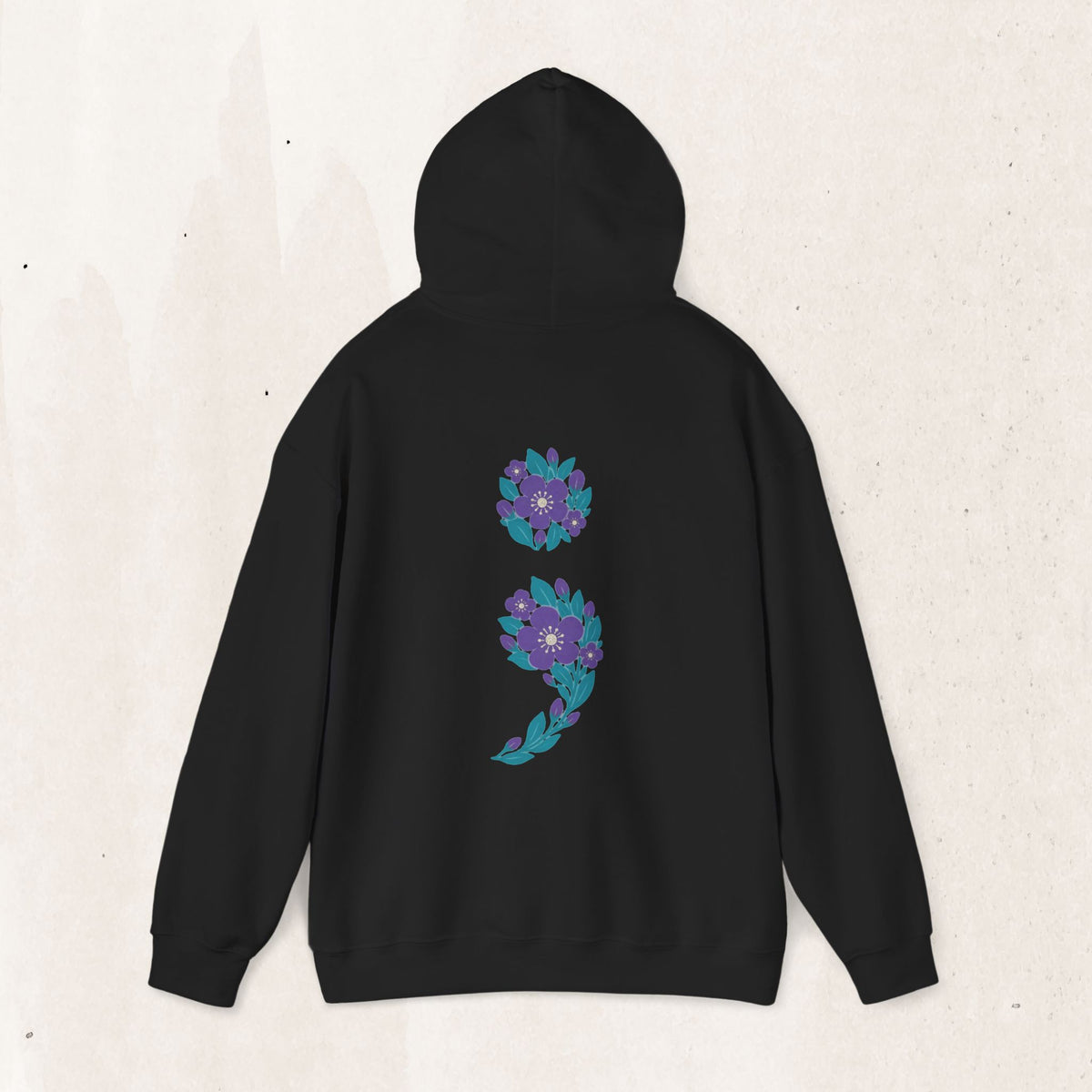 Floral semicolon suicide awareness pullover hoodie in black