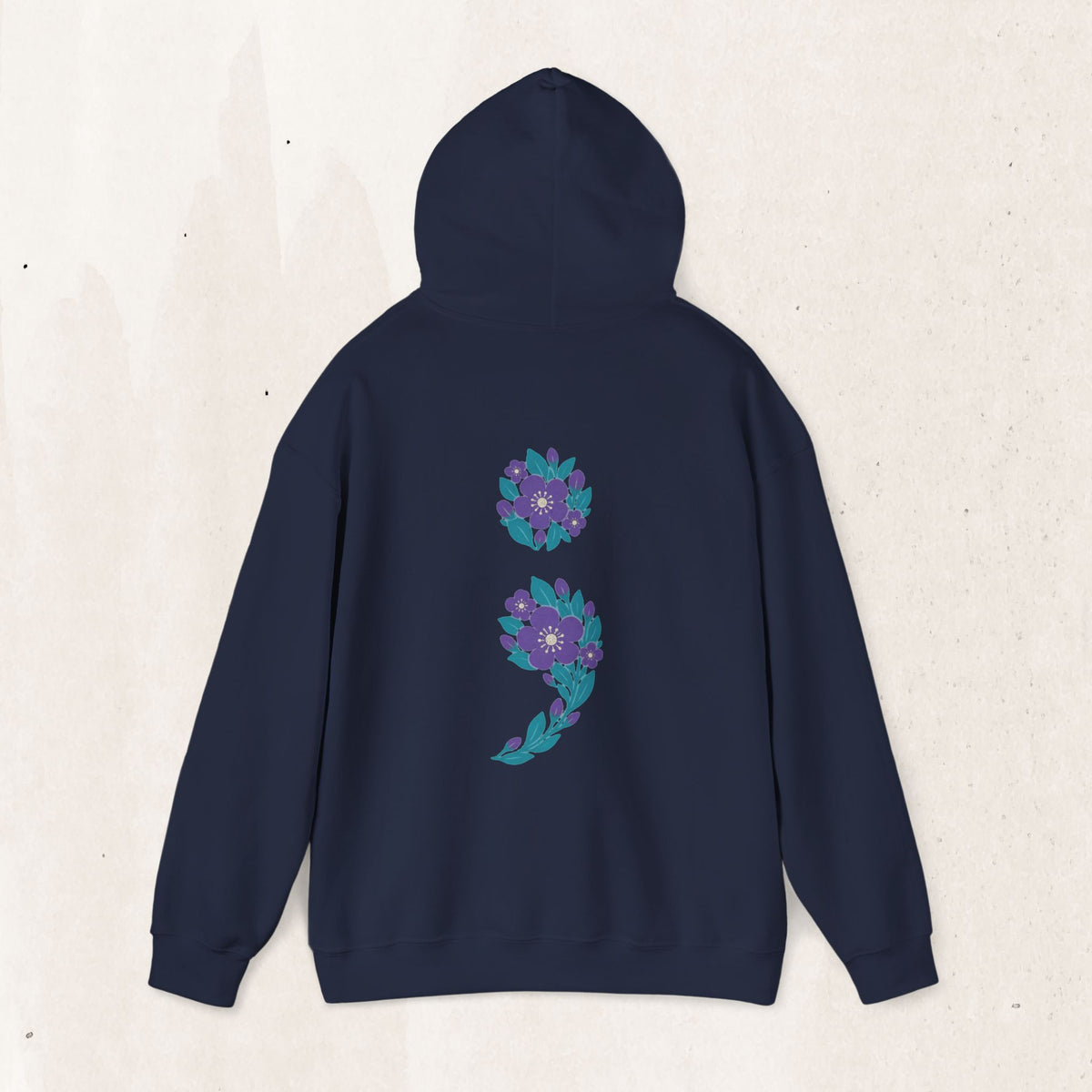 Floral semicolon suicide awareness pullover hoodie in navy