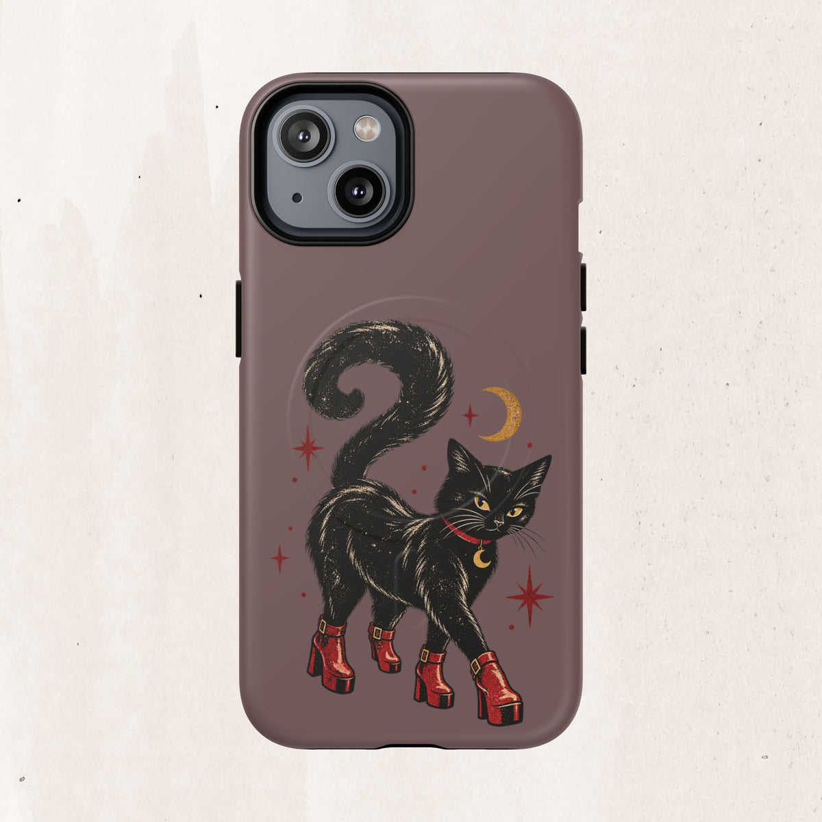 Magnetic Phone Case — Black Cat in Red Boots Design