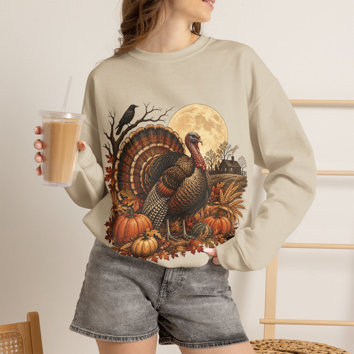 Vintage Thanksgiving Turkey Pumpkin Sweatshirt, Harvest Moon Turkey Crewneck
