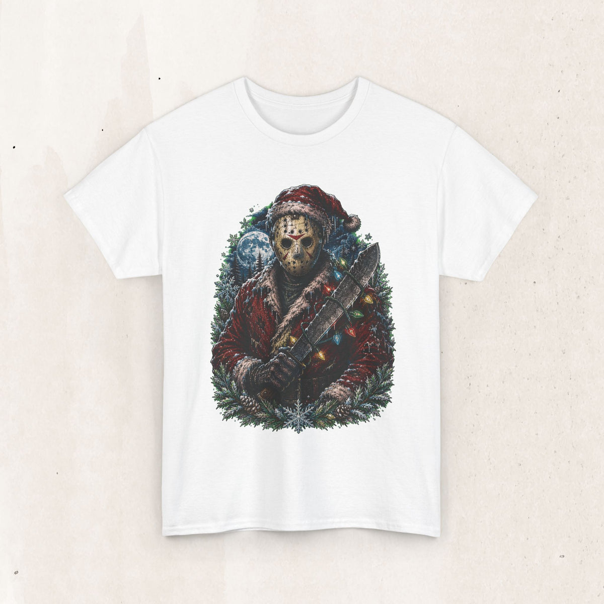 Horror Christmas Tee — Jason Holiday Killer Mask with Festive Machete