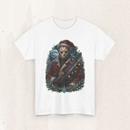 Horror Christmas Tee — Jason Holiday Killer Mask with Festive Machete