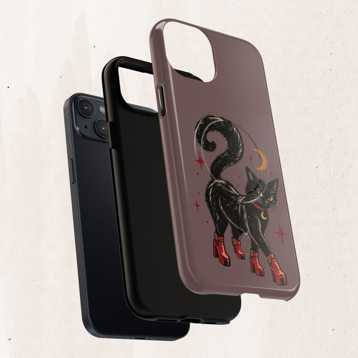 Magnetic Phone Case — Black Cat in Red Boots Design