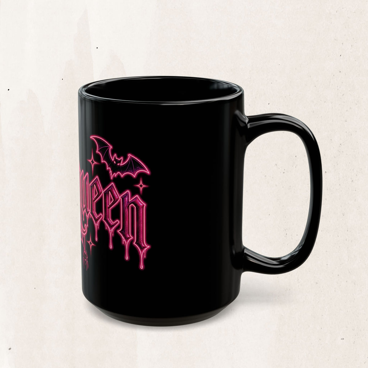 Halloween Gothic Pink Neon Mug — 'Halloqueen' Spiderweb & Bats Coffee Cup