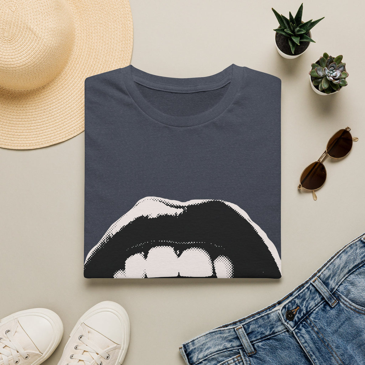 Vampire Fangs Graphic Tee – Gothic Lips & Fangs Shirt – Heather Navy