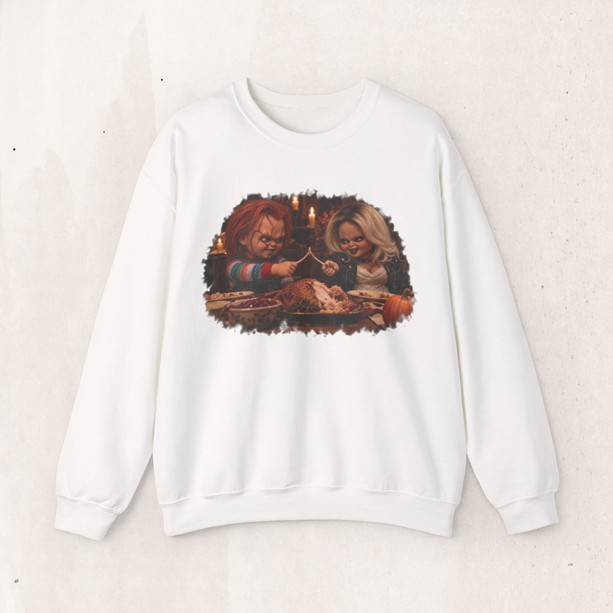 Chucky & Tiffany Thanksgiving wishbone sweatshirt in White, front view