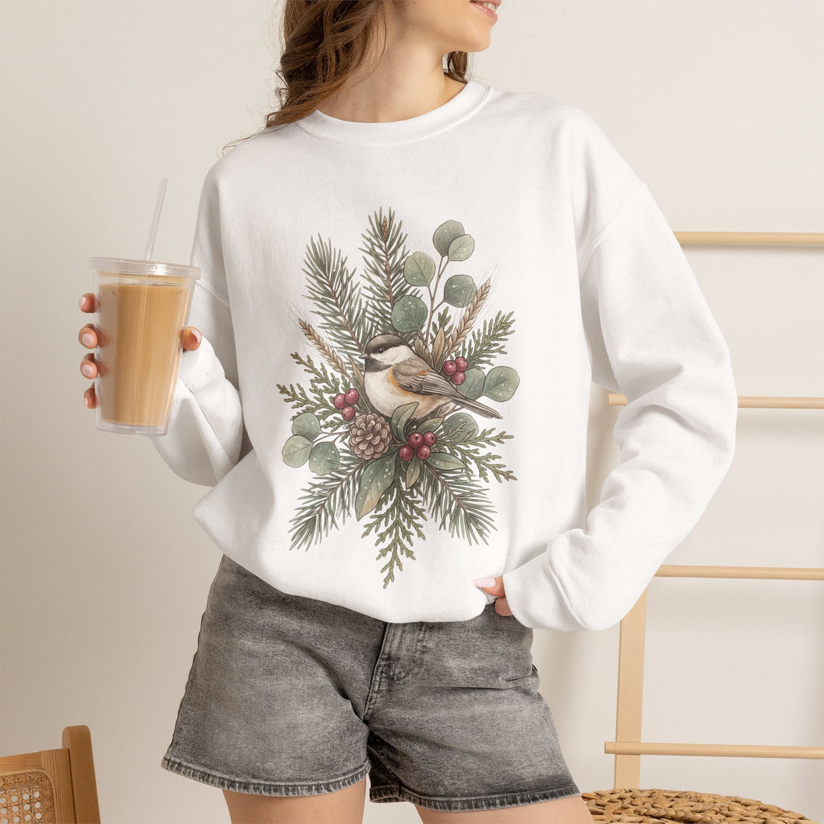 Botanical winter wreath Christmas crewneck sweatshirt