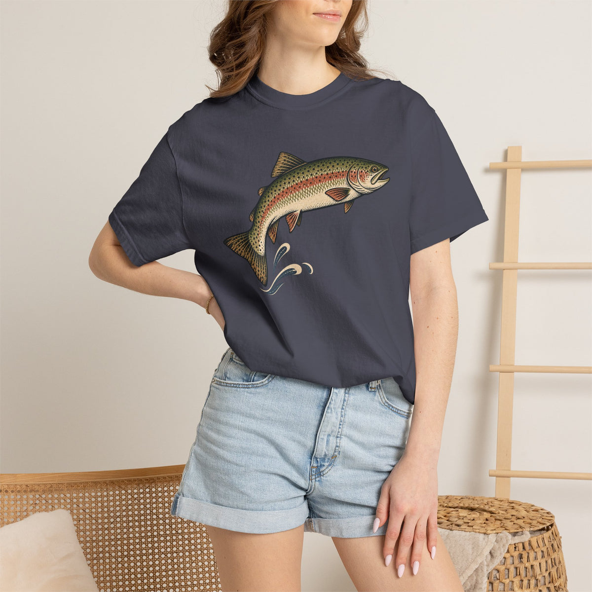 Vintage Leaping Rainbow Trout Tee in Navy, alternate view