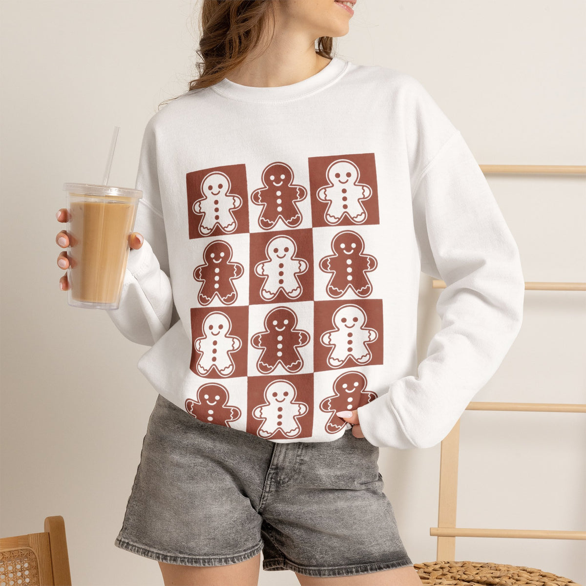 Gingerbread Christmas sweatshirt with a vintage grid of gingerbread cookie people