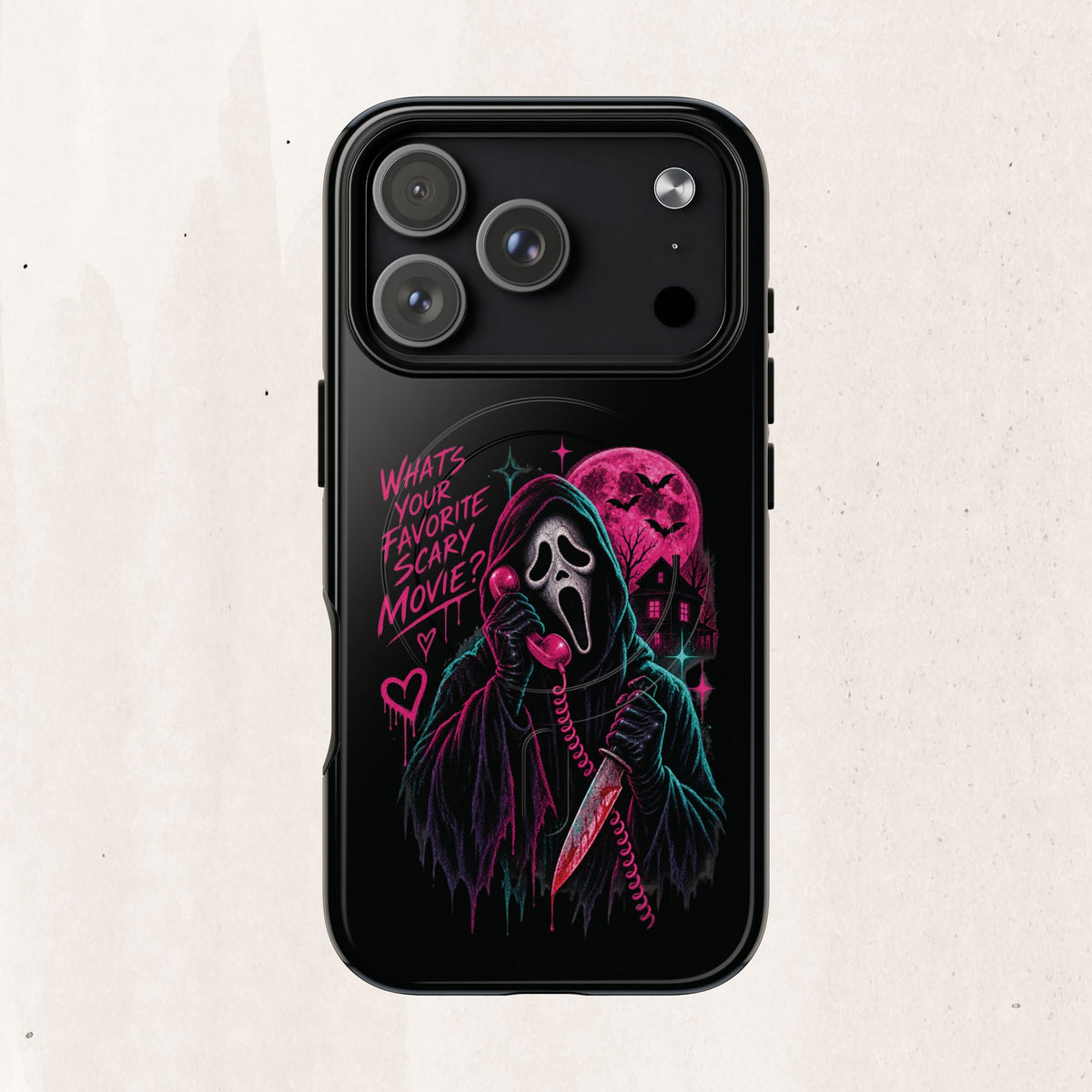 Magnetic Phone Case — Neon 'What's Your Favorite Scary Movie?' Horror Design