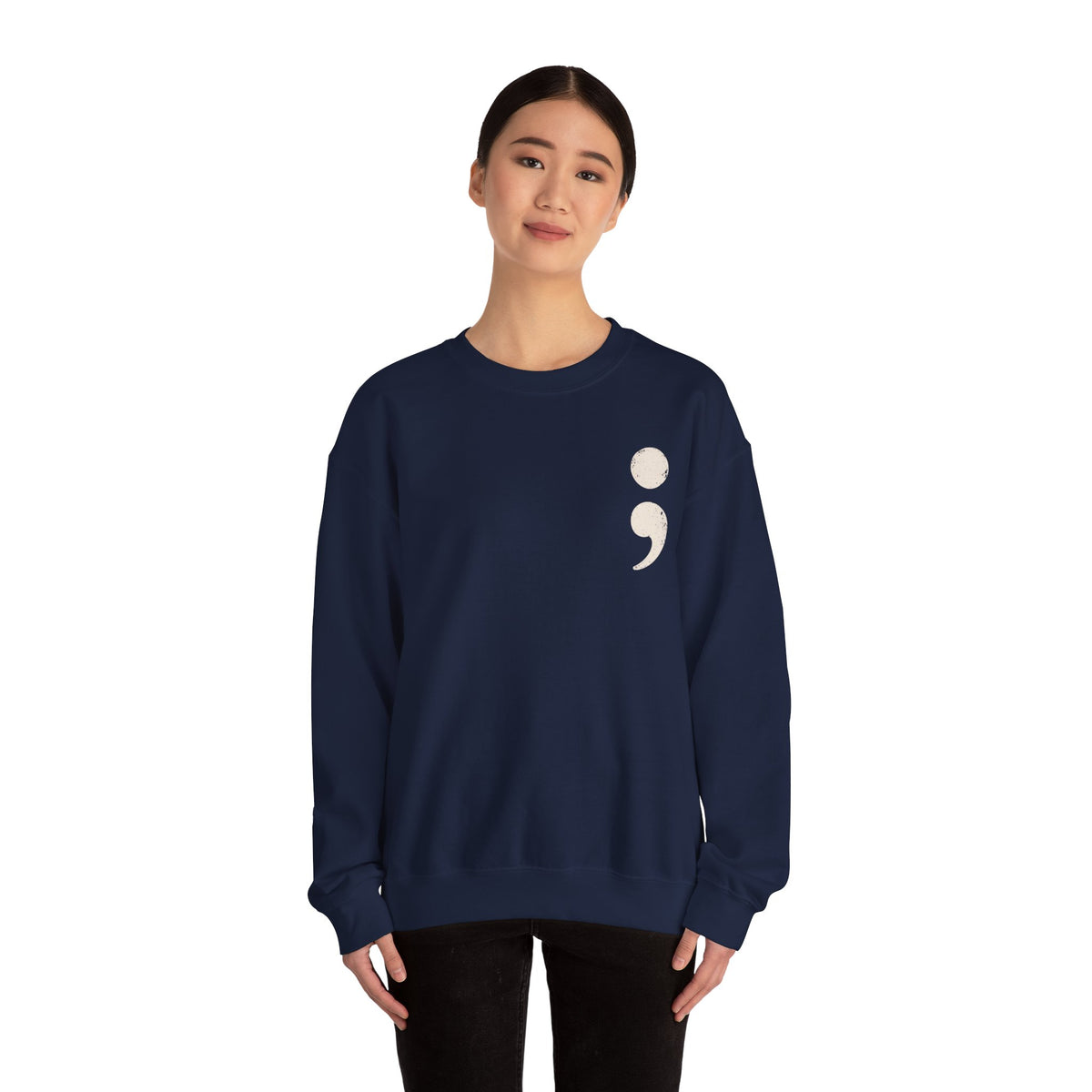 Minimalist semicolon suicide awareness crewneck sweatshirt in navy