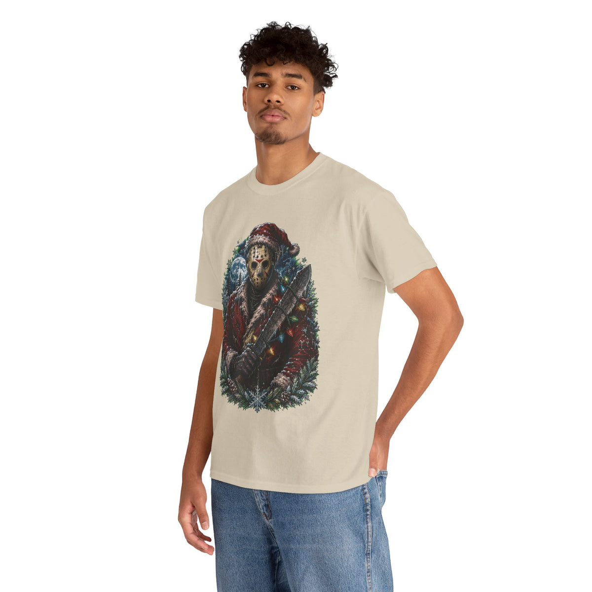 Horror Christmas Tee — Jason Holiday Killer Mask with Festive Machete