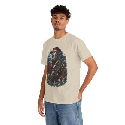 Horror Christmas Tee — Jason Holiday Killer Mask with Festive Machete