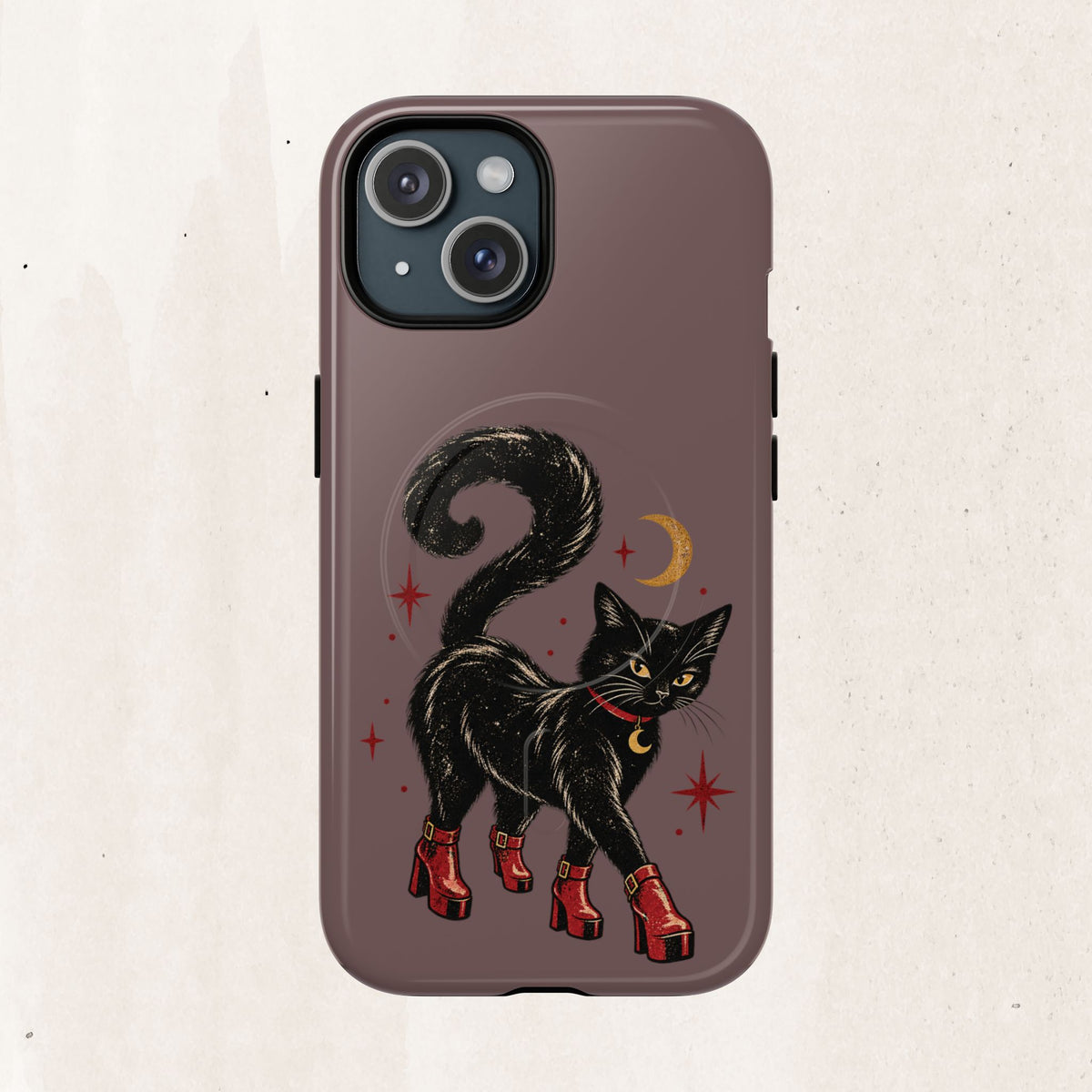 Magnetic Phone Case — Black Cat in Red Boots Design