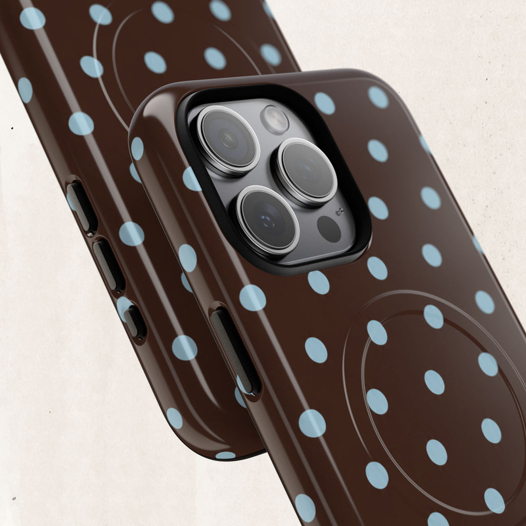 Polka Dot Magnetic Tough Phone Case — Brown with Light Blue Dots