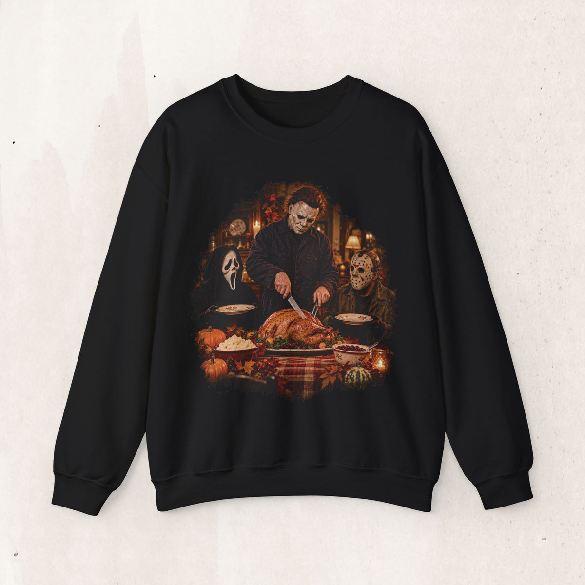 Michael Myers, Ghostface and Jason Thanksgiving sweatshirt in Black, front view