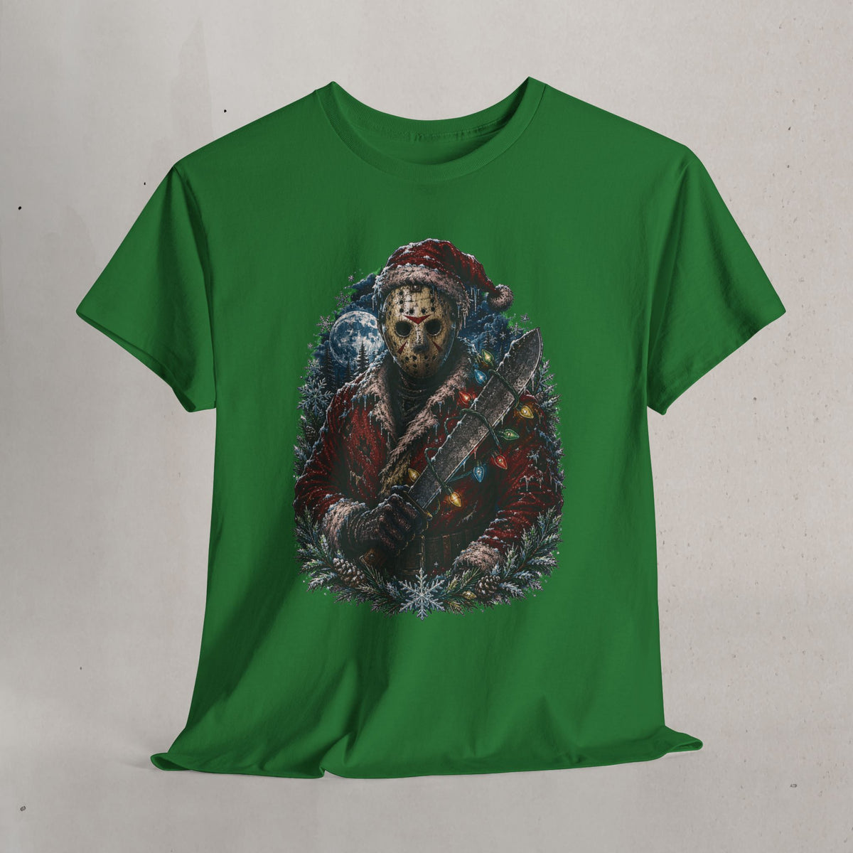 Horror Christmas Tee — Jason Holiday Killer Mask with Festive Machete