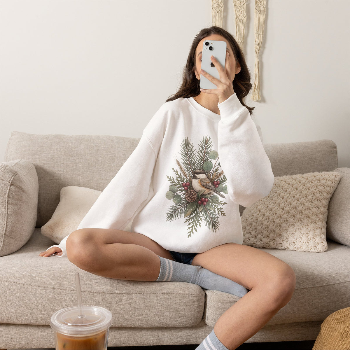 Botanical winter wreath Christmas crewneck sweatshirt