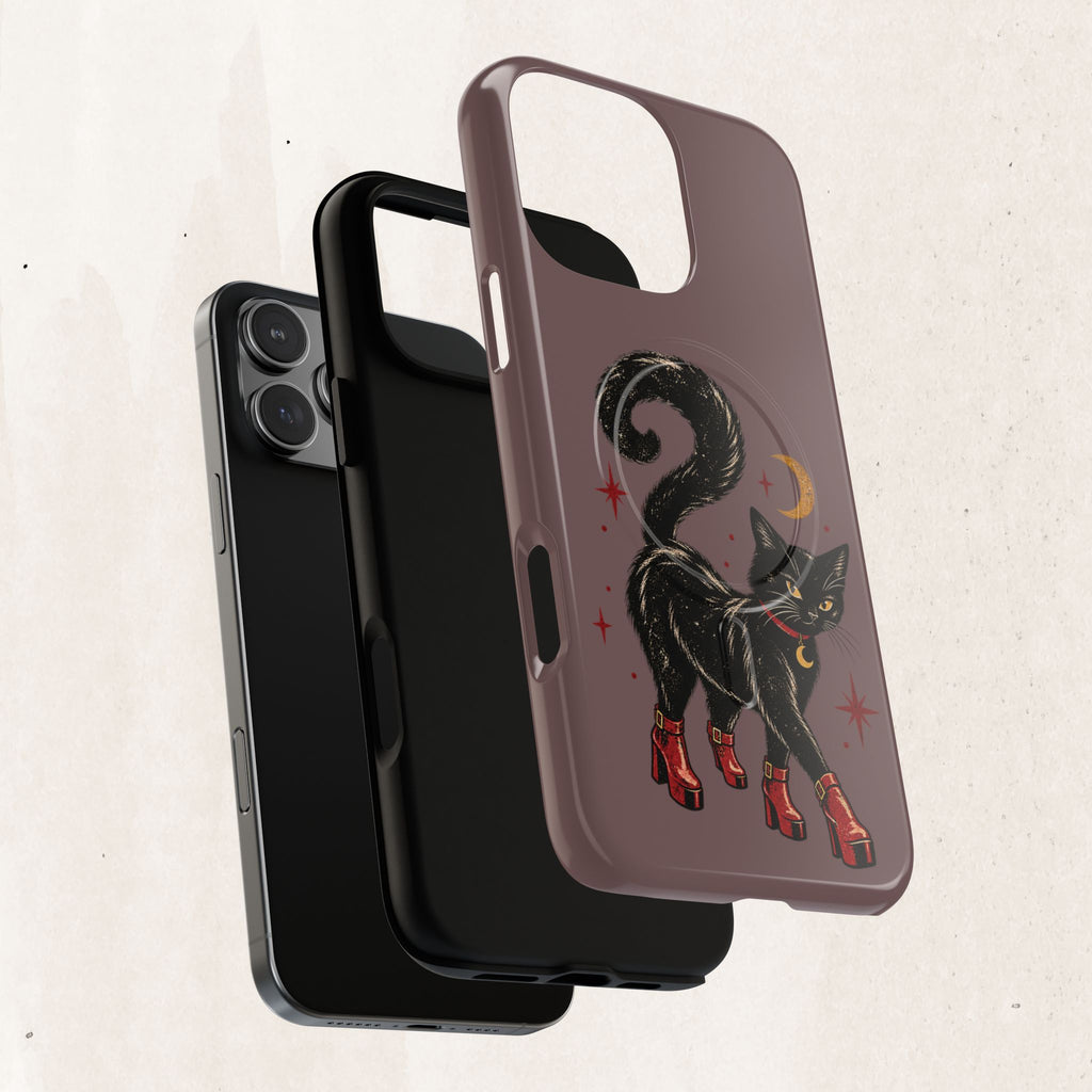 Magnetic Phone Case — Black Cat in Red Boots Design