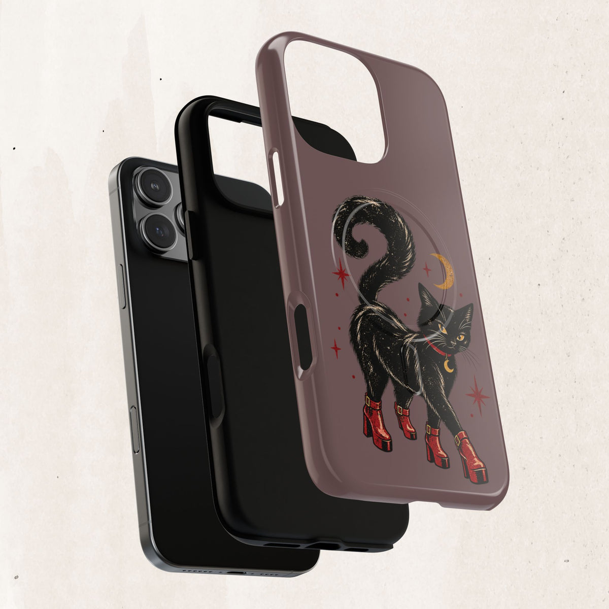 Magnetic Phone Case — Black Cat in Red Boots Design