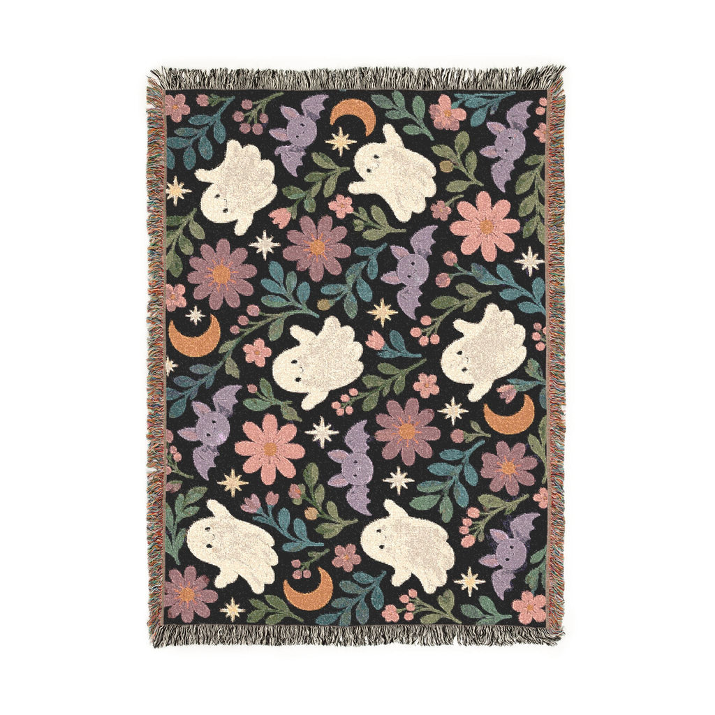 Spooky Ghosts and Floral Moon Woven Blanket Printify