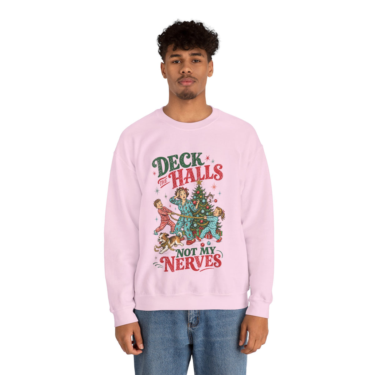Deck the Halls (Not My Nerves) Christmas Crewneck in Light Pink, alternate view