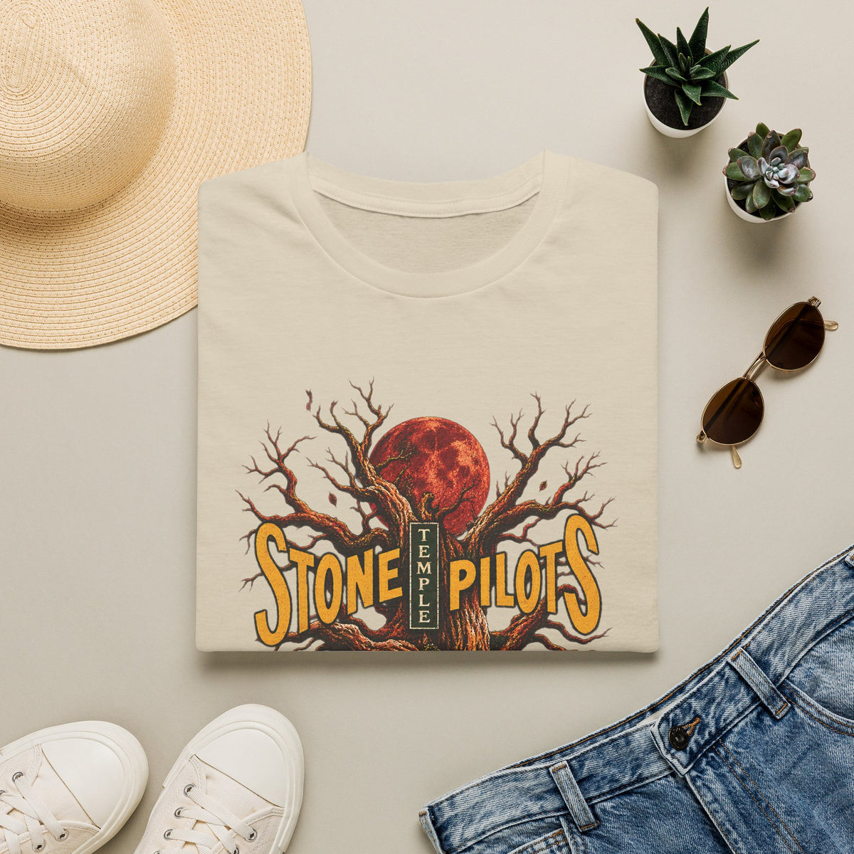 Stone Pilots Vintage Rock Tee – Distressed Retro Band Shirt – Sand