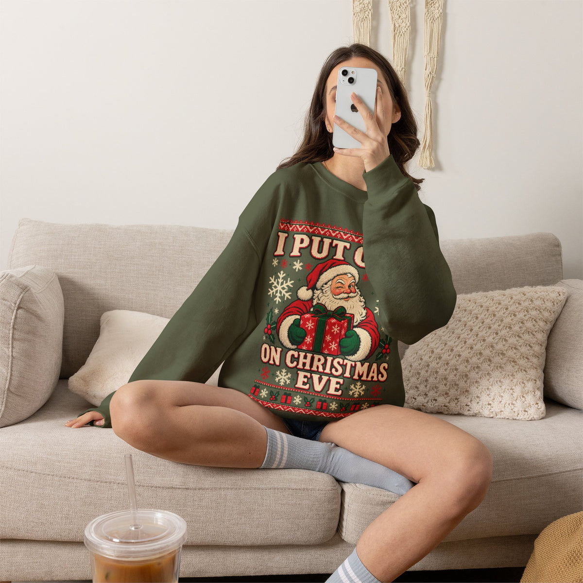 I Put Out on Christmas Eve Santa Ugly Christmas Sweatshirt in Red, alternate view