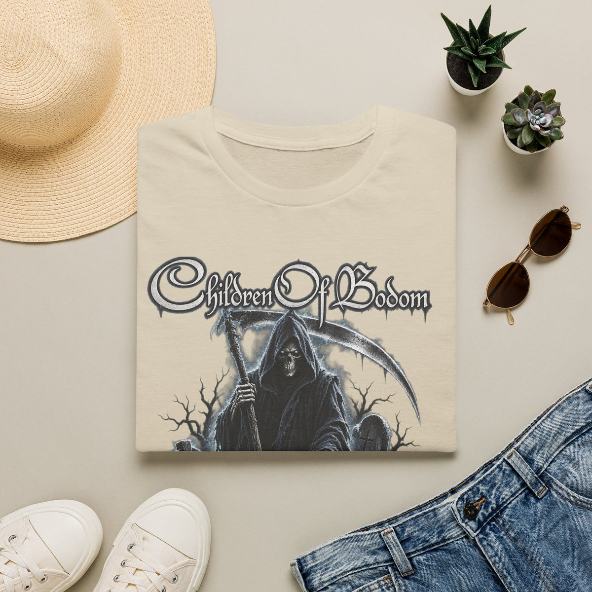 Bodom Graphic Tee – Gothic Reaper Metal Shirt – Sand