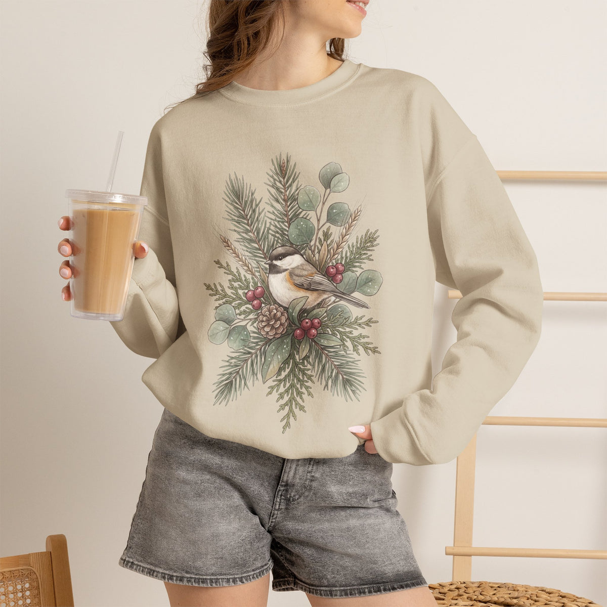 Botanical winter wreath Christmas crewneck sweatshirt