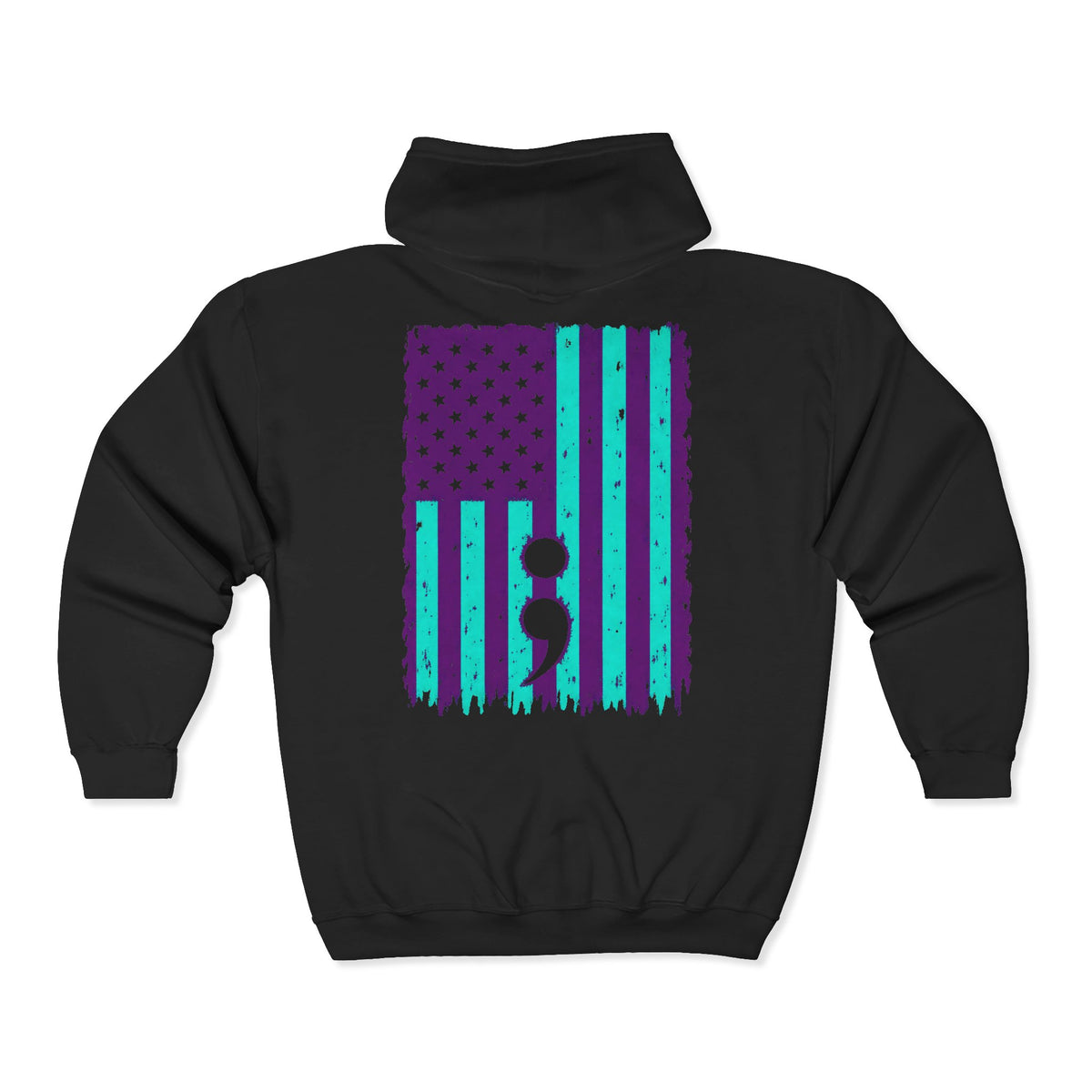 Purple and teal flag semicolon suicide awareness zip up hoodie in black