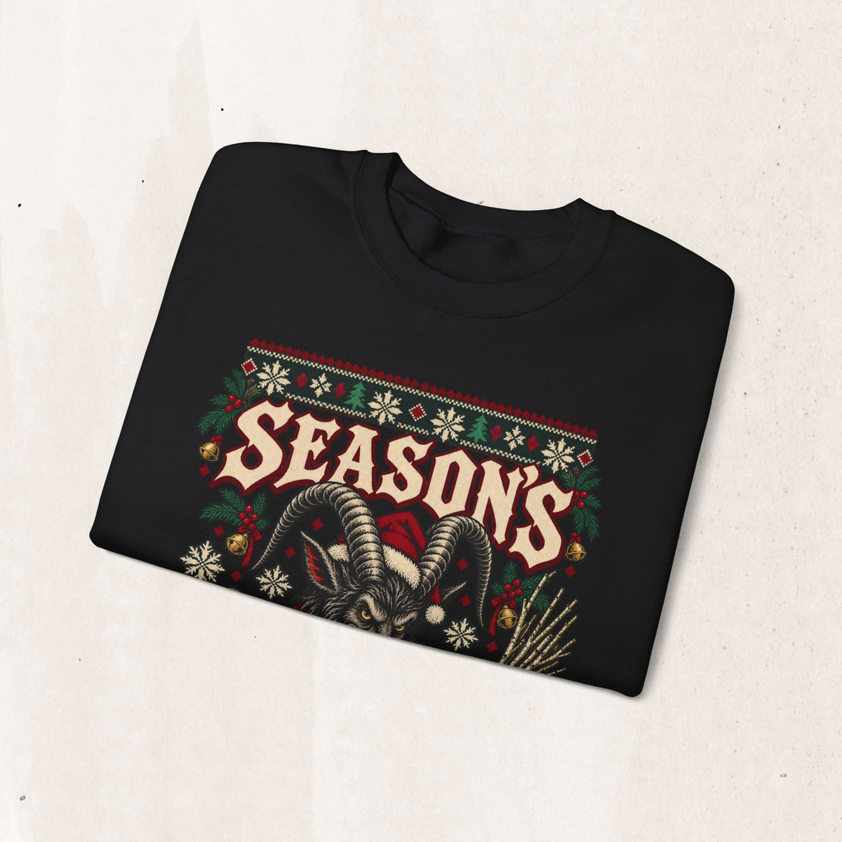 Seasons Beatings Krampus Ugly Christmas Sweatshirt in Red, alternate view