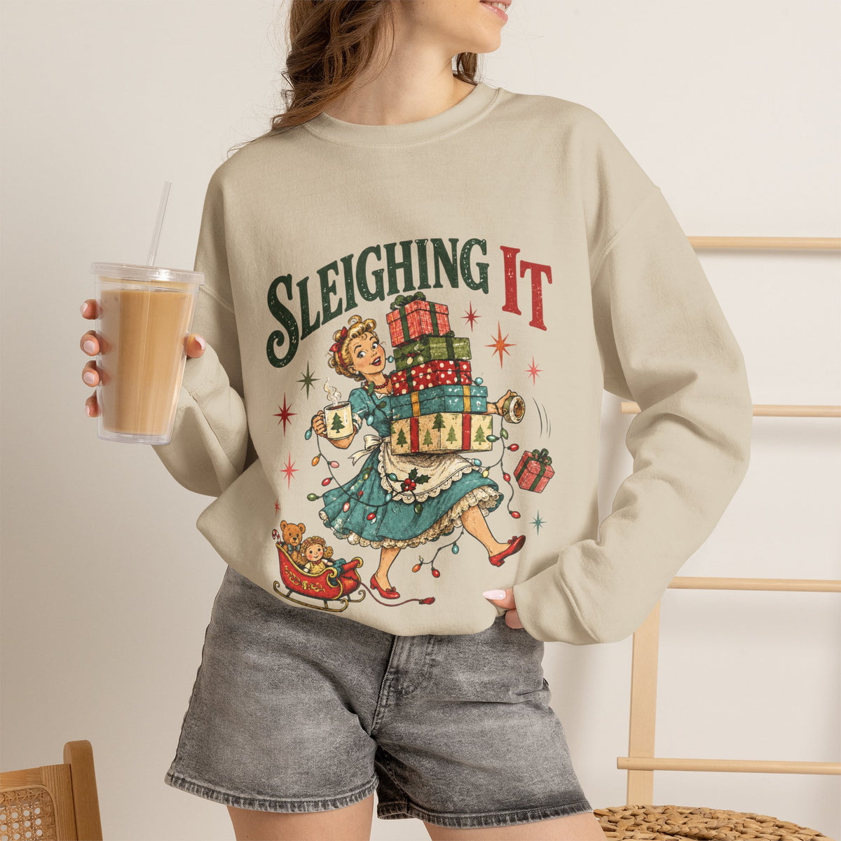 Sleighing It Christmas Crewneck Sweatshirt — Retro Holiday Gifts Design