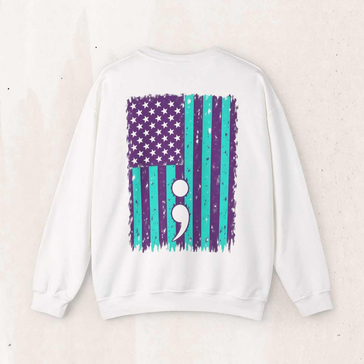 Purple and teal flag semicolon suicide awareness crewneck sweatshirt in white